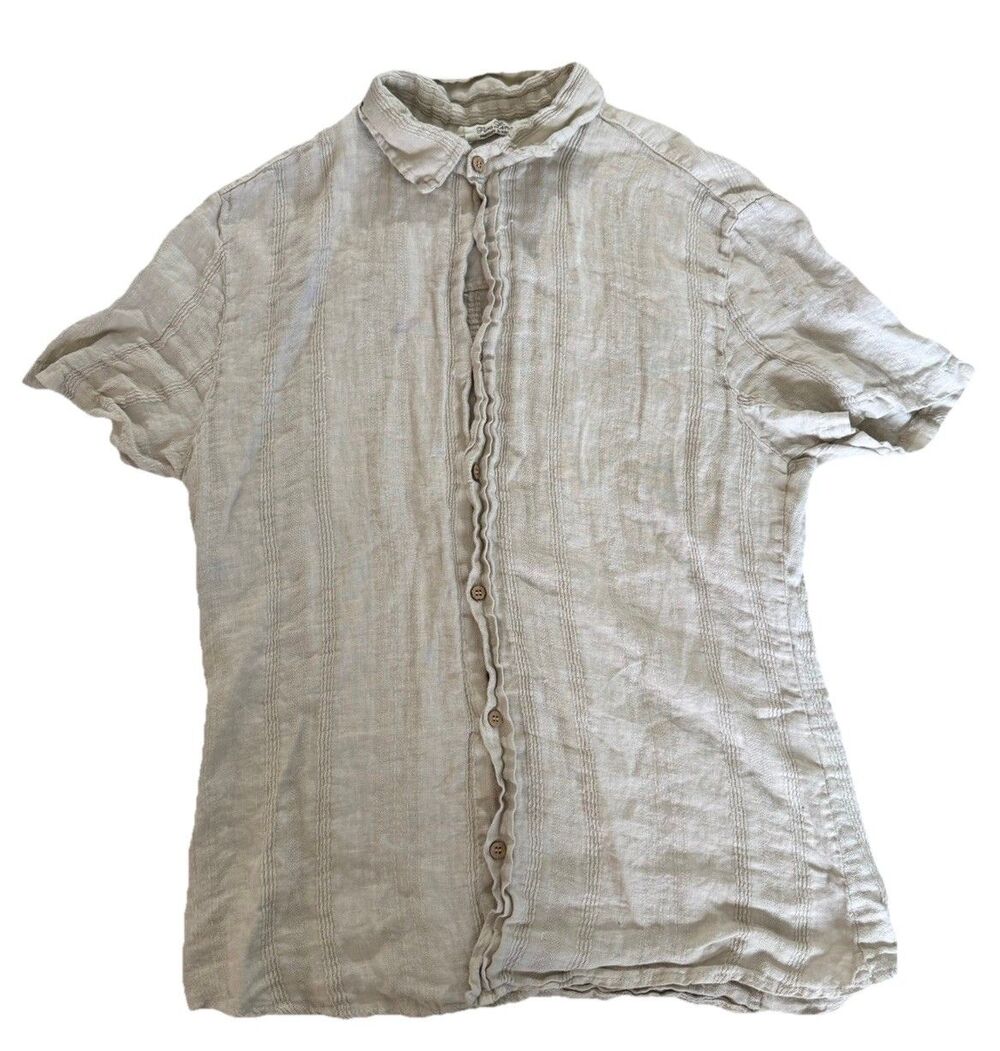 Puro Lino Mens Medium Button Up Shirt Beige 100% Linen Italy S/S Textured